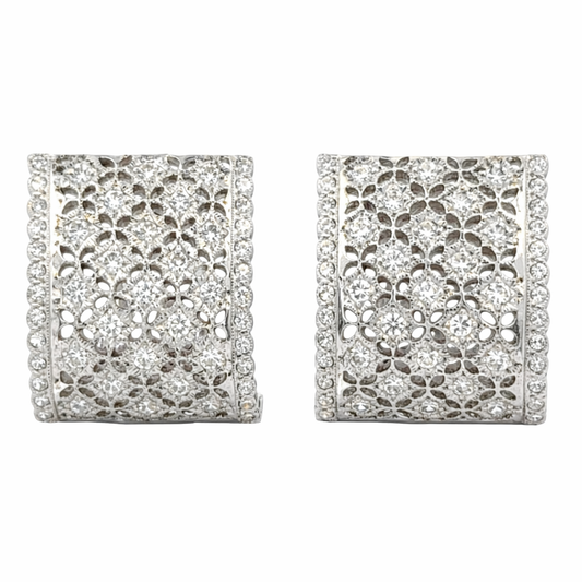 Vintage 1980s 18K White Gold Diamond Lattice Hoop Earrings