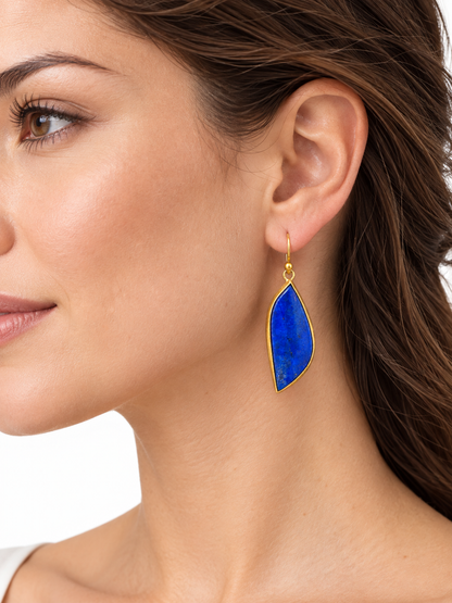 18K Yellow Gold Lapis Lazuli Leaf-Shape Long Drop Earrings