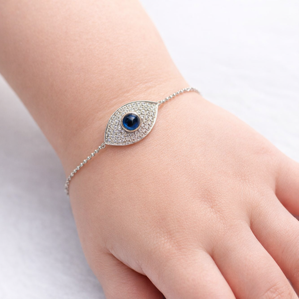 Children’s Sapphire & Diamond Evil Eye Bracelet – 18K White Gold, Adjustable Length