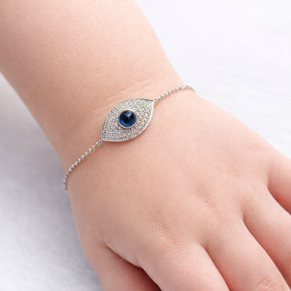 Children’s Sapphire & Diamond Evil Eye Bracelet – 18K White Gold, Adjustable Length