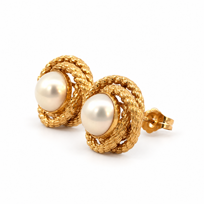 14K Yellow Gold Pearl Textured Love Knot Stud Earrings