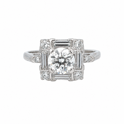 Vintage Platinum Round Brilliant Diamond Ring with Baguette Accents