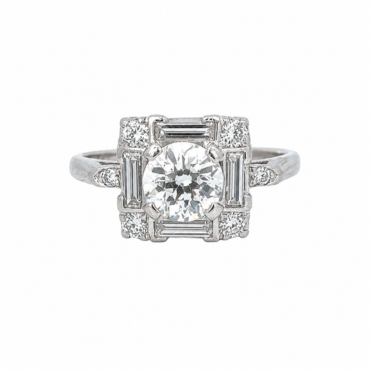 Vintage Platinum Round Brilliant Diamond Ring with Baguette Accents