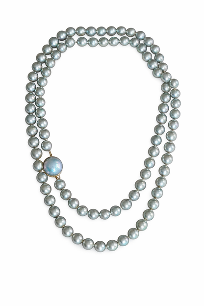 Natural Gray Pearl Necklace 35” with Blue-Green Overtone & 14K Gold Pearl Clasp
