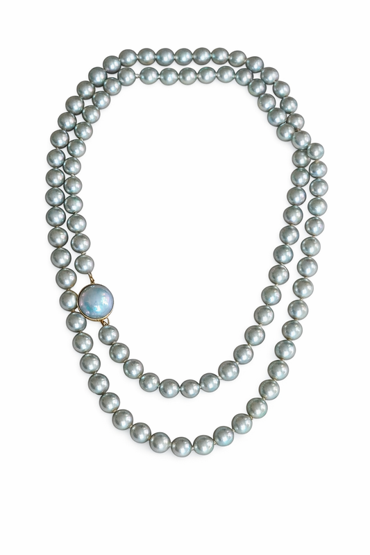 Natural Gray Pearl Necklace 35” with Blue-Green Overtone & 14K Gold Pearl Clasp