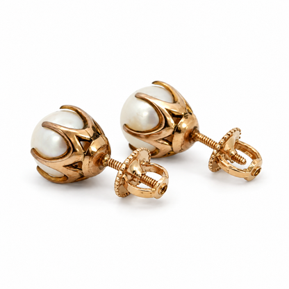 14K Yellow Gold Pearl Earrings with Openwork Cage Settings
