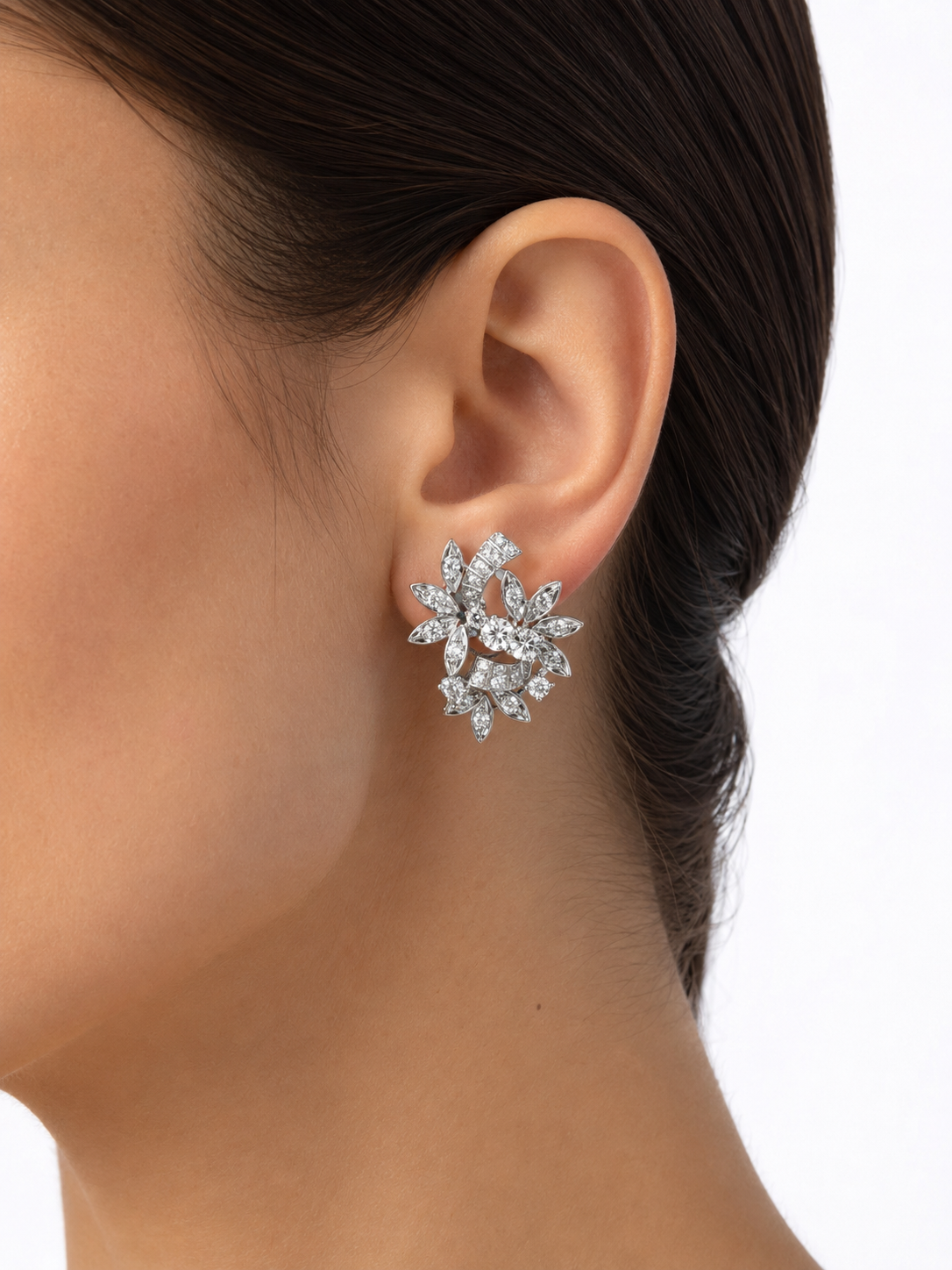 18K White Gold Diamond Floral Spray Earrings