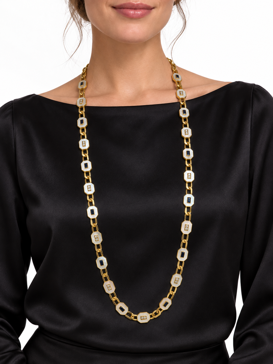 14K Yellow Gold Mother-of-Pearl, Diamond & Sapphire Convertible Necklace — Long Strand, Double Strand or Two Separate Necklaces