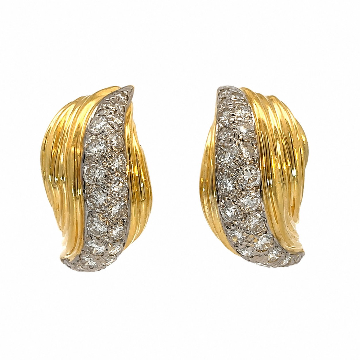 Vintage 14K Yellow Gold Diamond Curved Leaf Earrings