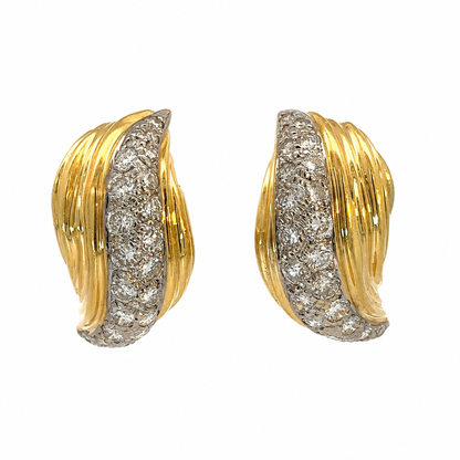 Vintage 14K Yellow Gold Diamond Curved Leaf Earrings