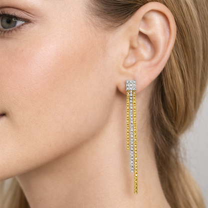 14K White Gold White & Yellow Diamond Long Drop Fringe Earrings