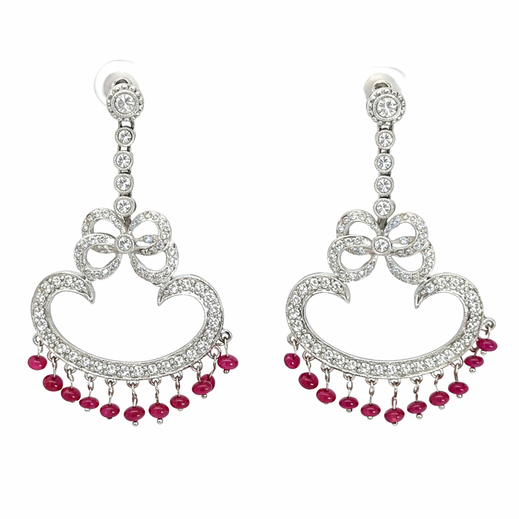 18K White Gold Diamond & Ruby Bow Chandelier Earrings