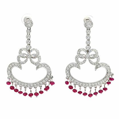 18K White Gold Diamond & Ruby Bow Chandelier Earrings