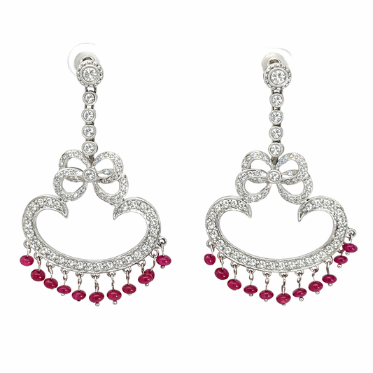 18K White Gold Diamond & Ruby Bow Chandelier Earrings