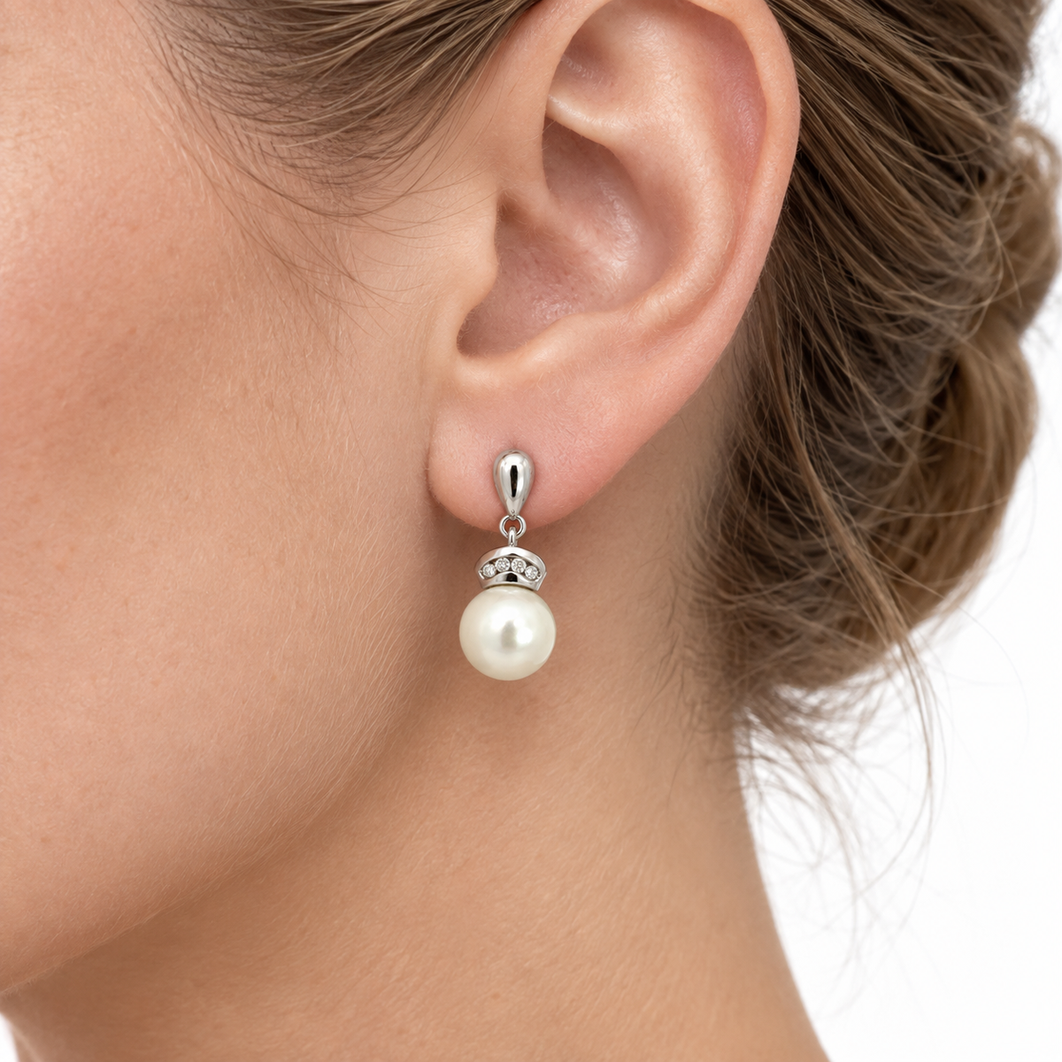 14K White Gold Diamond-Capped Pearl Drop Earrings