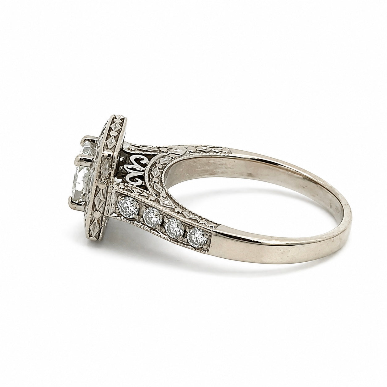 14K White Gold Diamond Halo Estate Ring – Filigree Vintage