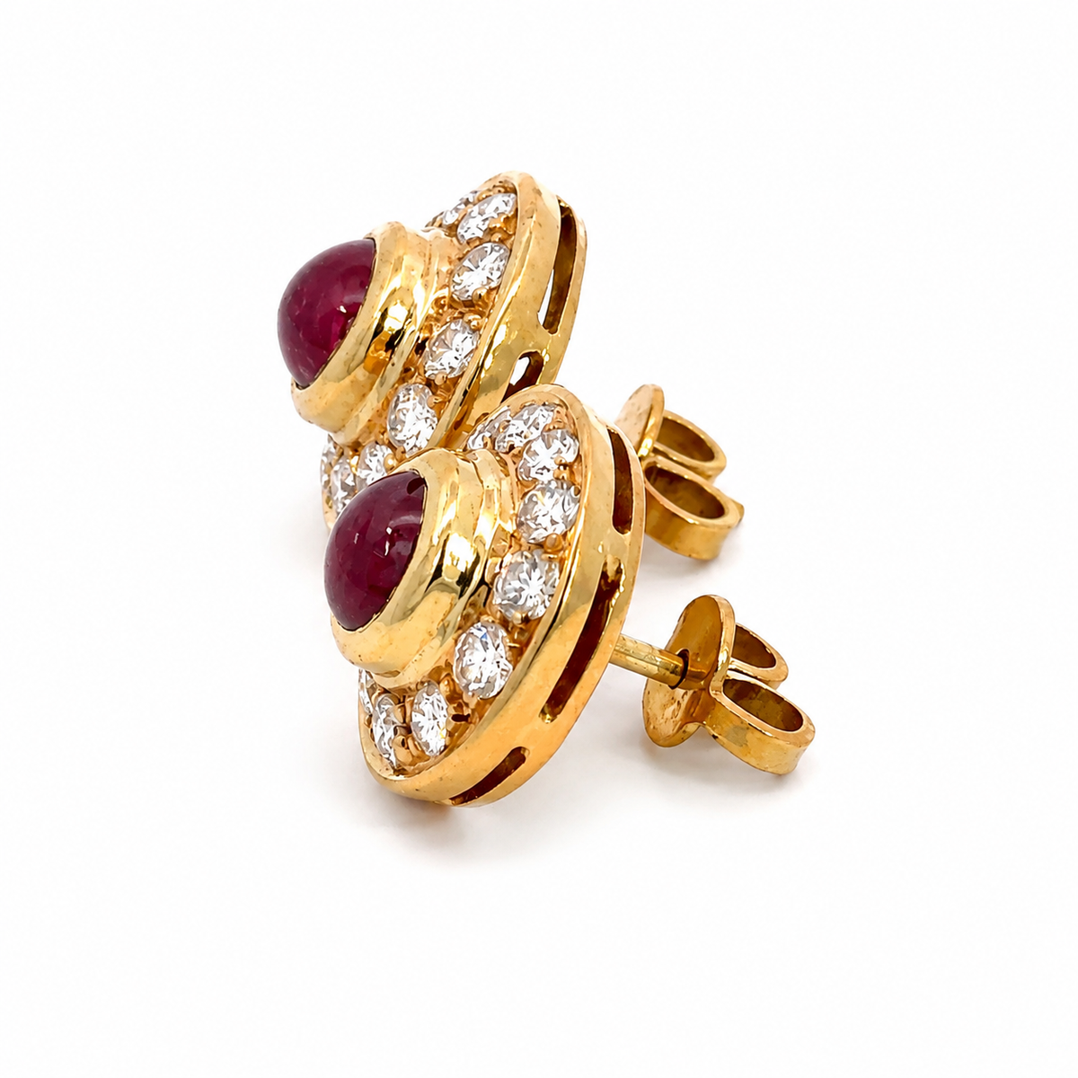 Vintage 18K Gold Cabochon Ruby & Diamond Halo Earrings