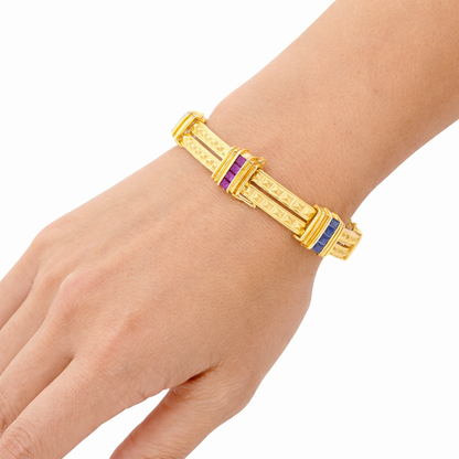18K Yellow Gold Gemstone Bracelet with Diamonds, Rubies & Sapphires