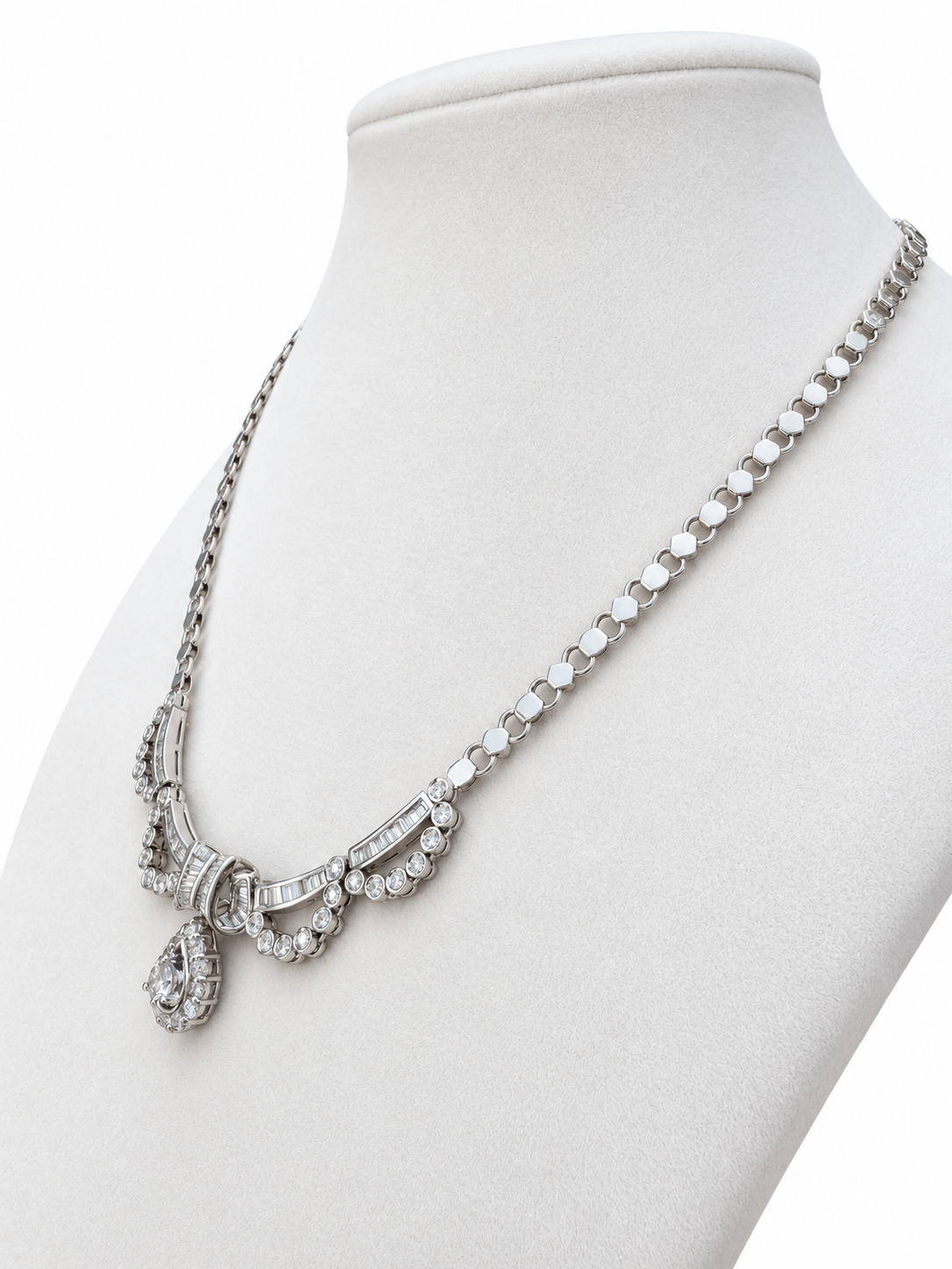 18K White Gold Diamond Swag Necklace with Teardrop Dangle — Approx. 4.84 CT, 16 Inches