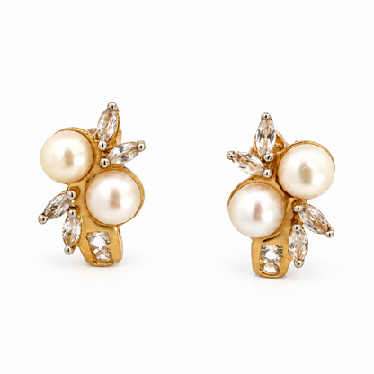 Yellow Gold Pearl & Cubic Zirconia Leaf Earrings