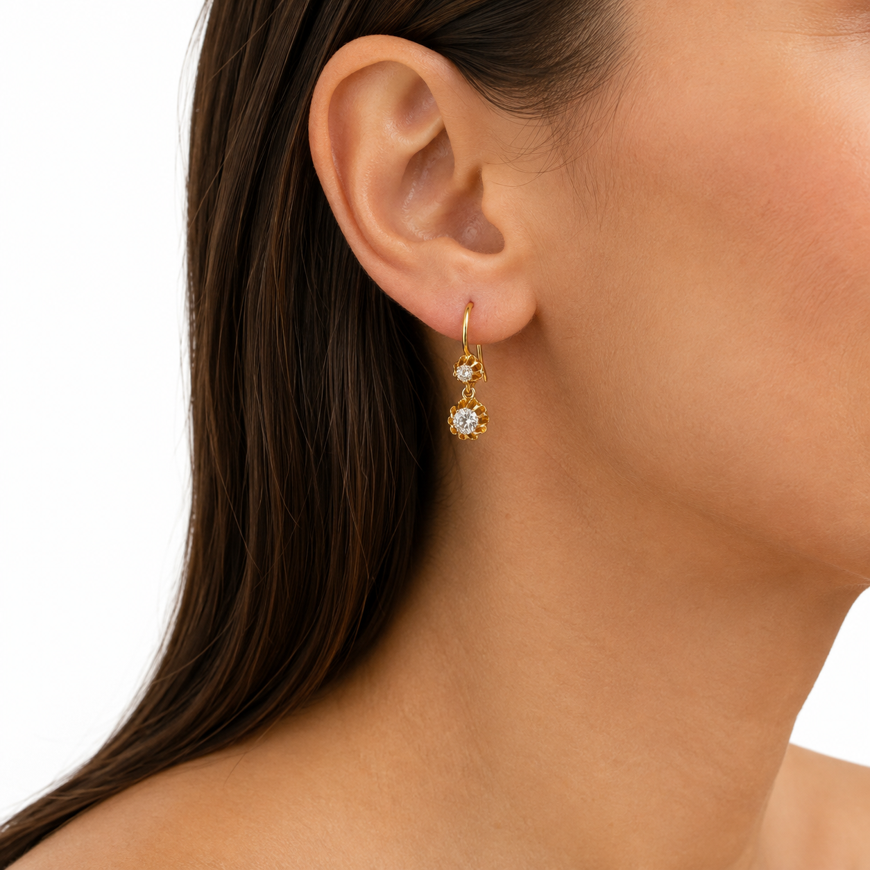 Russian-Made 14K Yellow Gold Rose-Cut Diamond Floral Drop Earrings