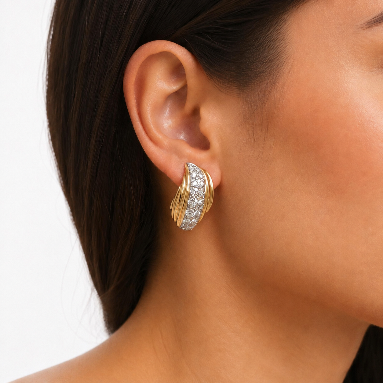 Vintage 14K Yellow Gold Diamond Curved Leaf Earrings