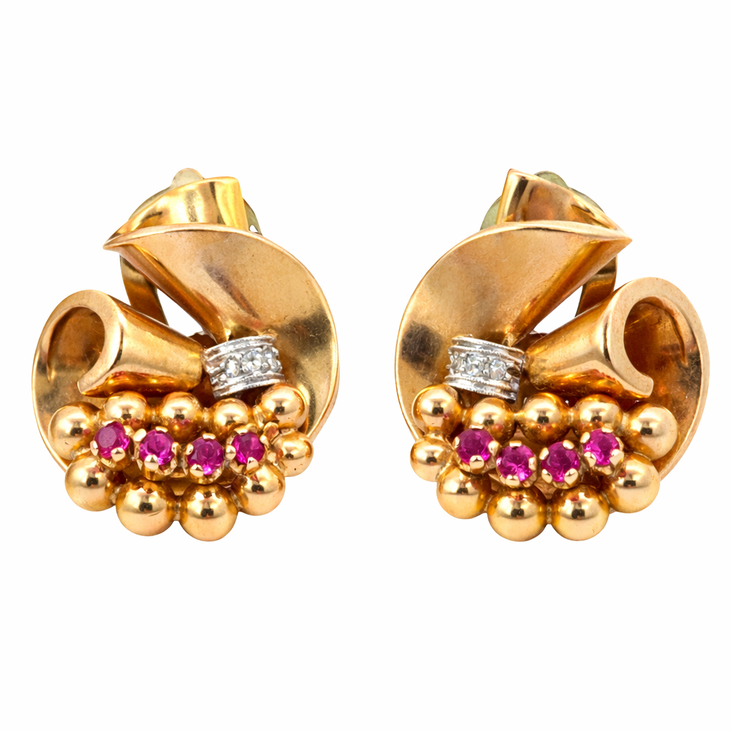 Retro Sculptural Ribbon 18K Rose Gold Ruby & Diamond Clip-On Earrings