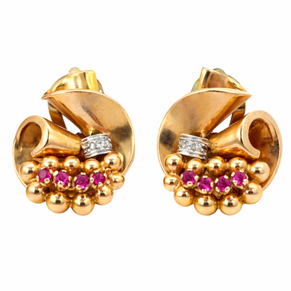 Retro Sculptural Ribbon 18K Rose Gold Ruby & Diamond Clip-On Earrings