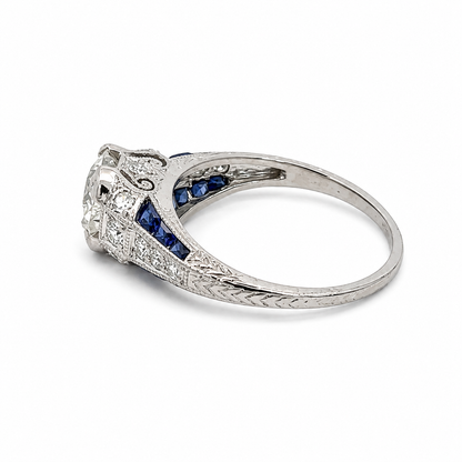 Antique Art Deco Platinum Old European Cut Diamond & Sapphire Engagement Ring