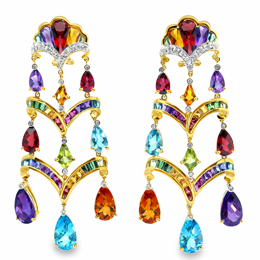 18K Yellow Gold Multicolor Tourmaline & Diamond French-Clip Chandelier Earrings