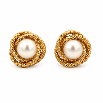 14K Yellow Gold Pearl Textured Love Knot Stud Earrings