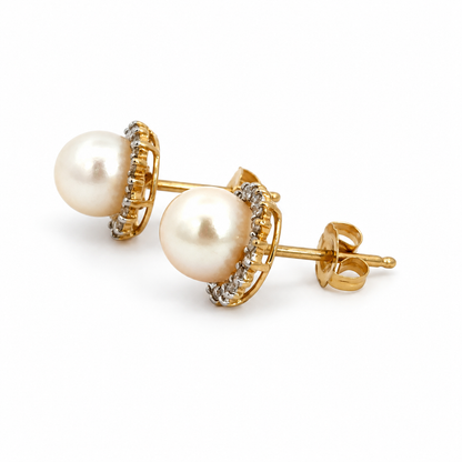 14K Yellow Gold Pearl & Diamond Halo Stud Earrings