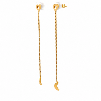 Yellow Gold Heart & Crescent Moon Chain Drop Earrings