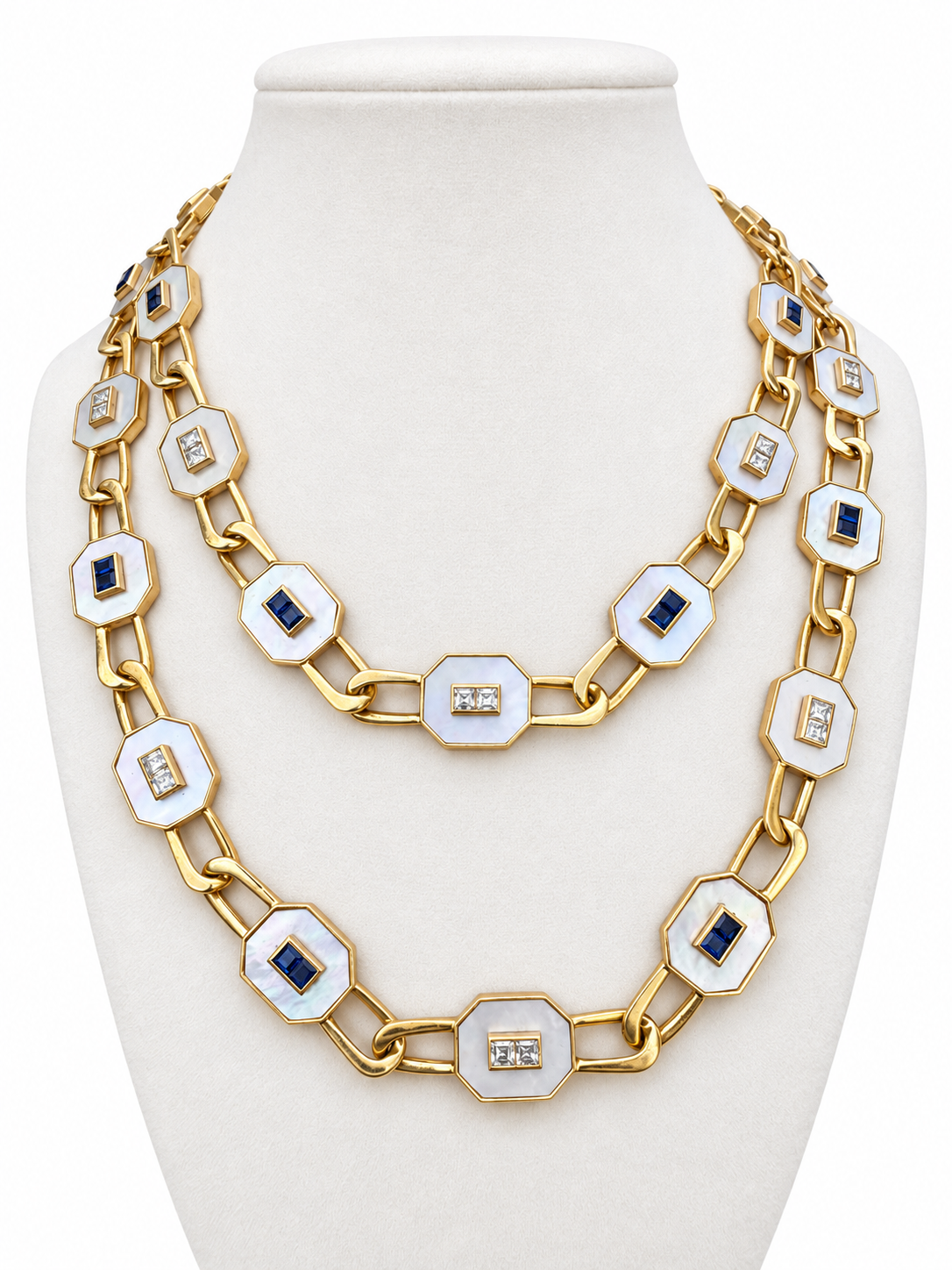 14K Yellow Gold Mother-of-Pearl, Diamond & Sapphire Convertible Necklace — Long Strand, Double Strand or Two Separate Necklaces