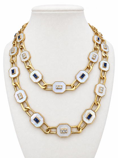 14K Yellow Gold Mother-of-Pearl, Diamond & Sapphire Convertible Necklace — Long Strand, Double Strand or Two Separate Necklaces