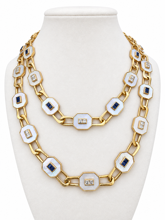 14K Yellow Gold Mother-of-Pearl, Diamond & Sapphire Convertible Necklace — Long Strand, Double Strand or Two Separate Necklaces