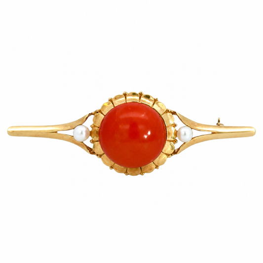 Vintage 14K Yellow Gold Coral Cabochon Pearl Brooch