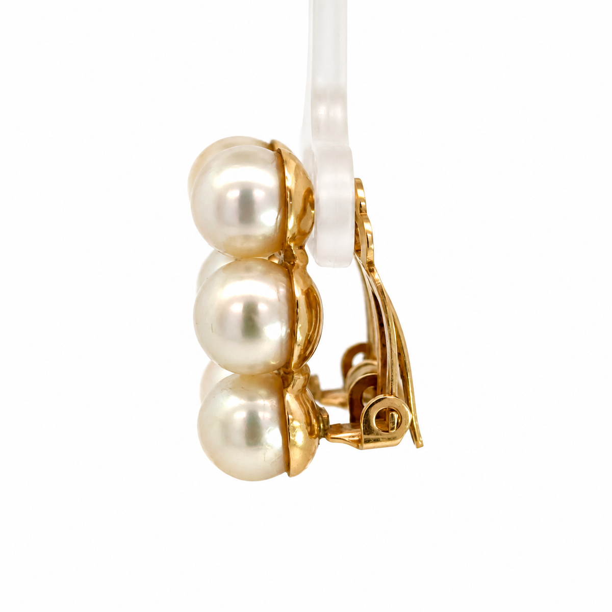 14K Yellow Gold Triple Pearl Curved Clip-On Earrings