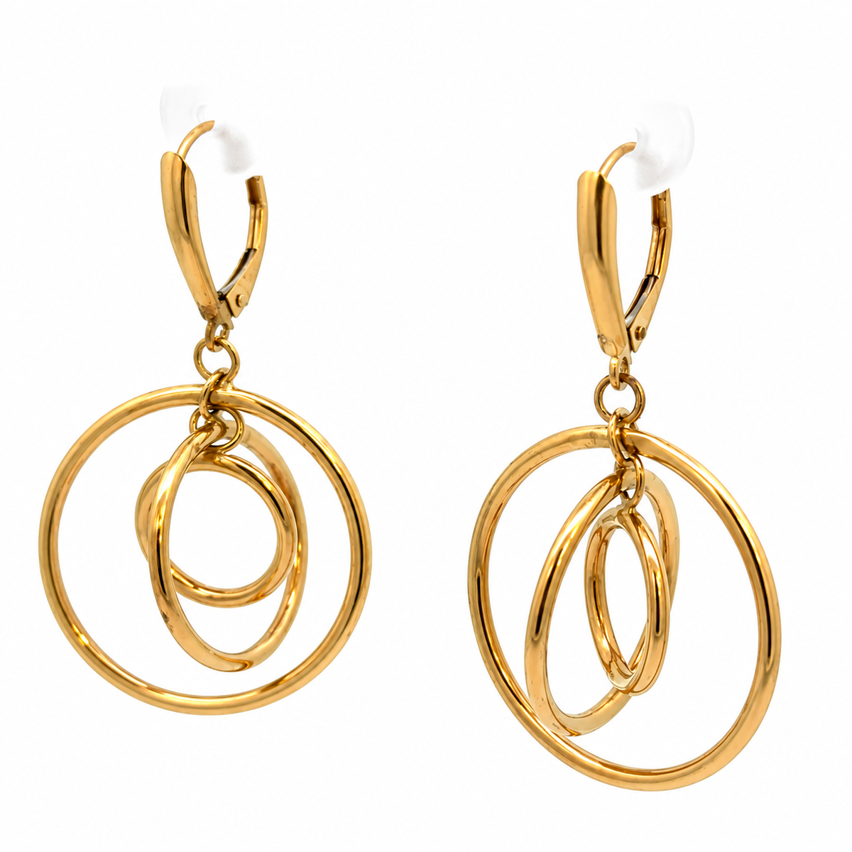 14K Yellow Gold Triple Circle Drop Earrings
