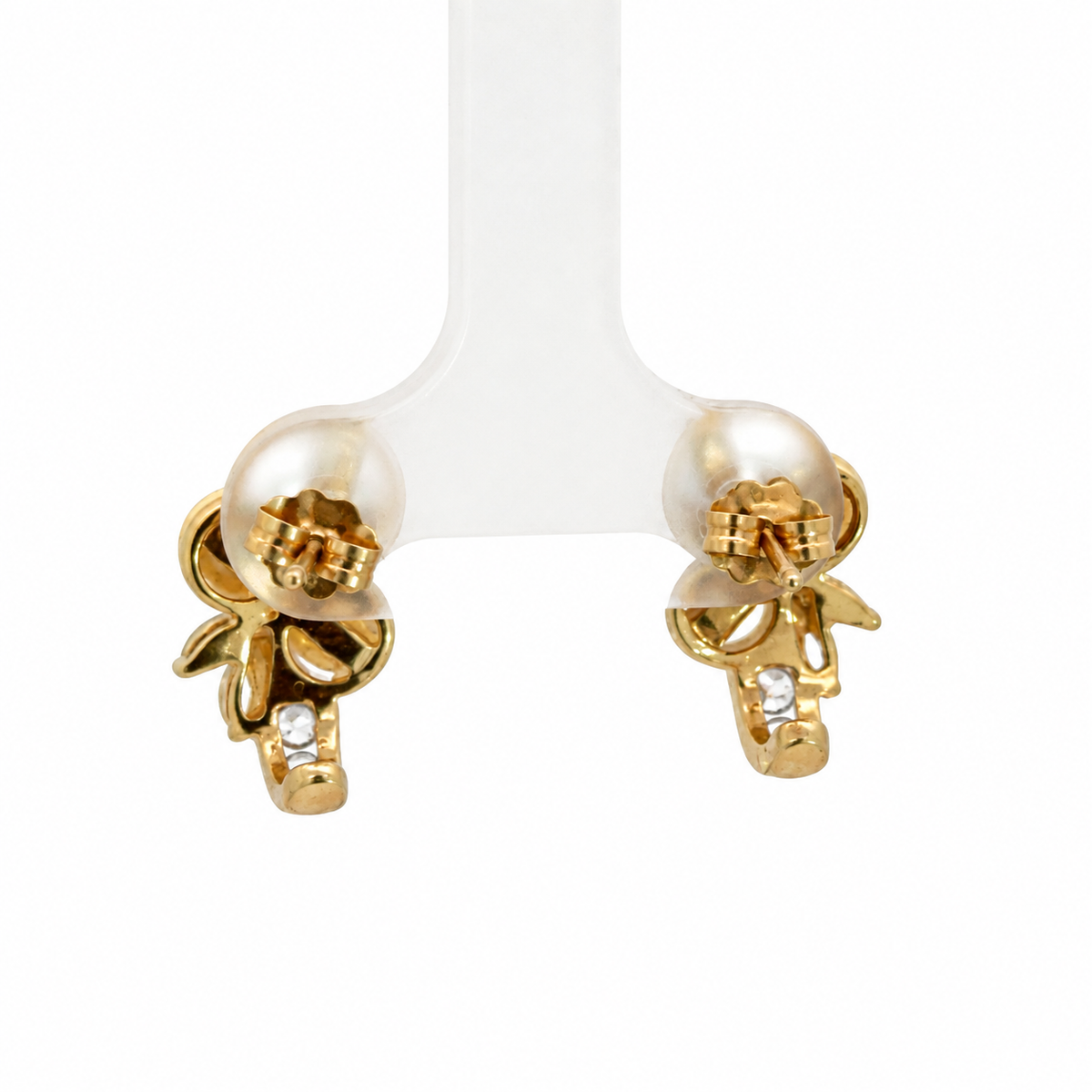 Yellow Gold Pearl & Cubic Zirconia Leaf Earrings