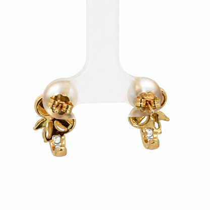Yellow Gold Pearl & Cubic Zirconia Leaf Earrings