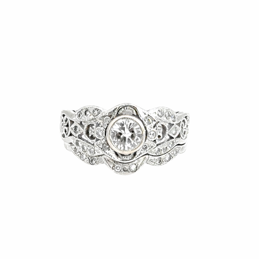 Antique 14K White Gold Diamond Engagement & Wedding Ring Set – Art Deco Era