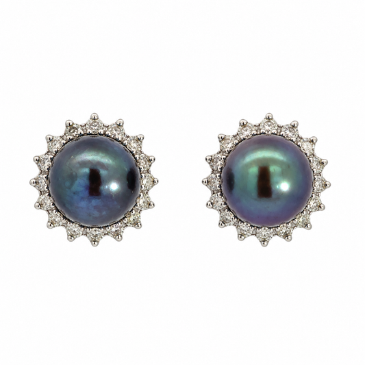 Blue-Gray Pearl & Diamond Sunburst Earrings in 14K White Gold