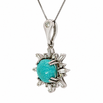 Turquoise & Diamond Sunburst Pendant in 14K White Gold