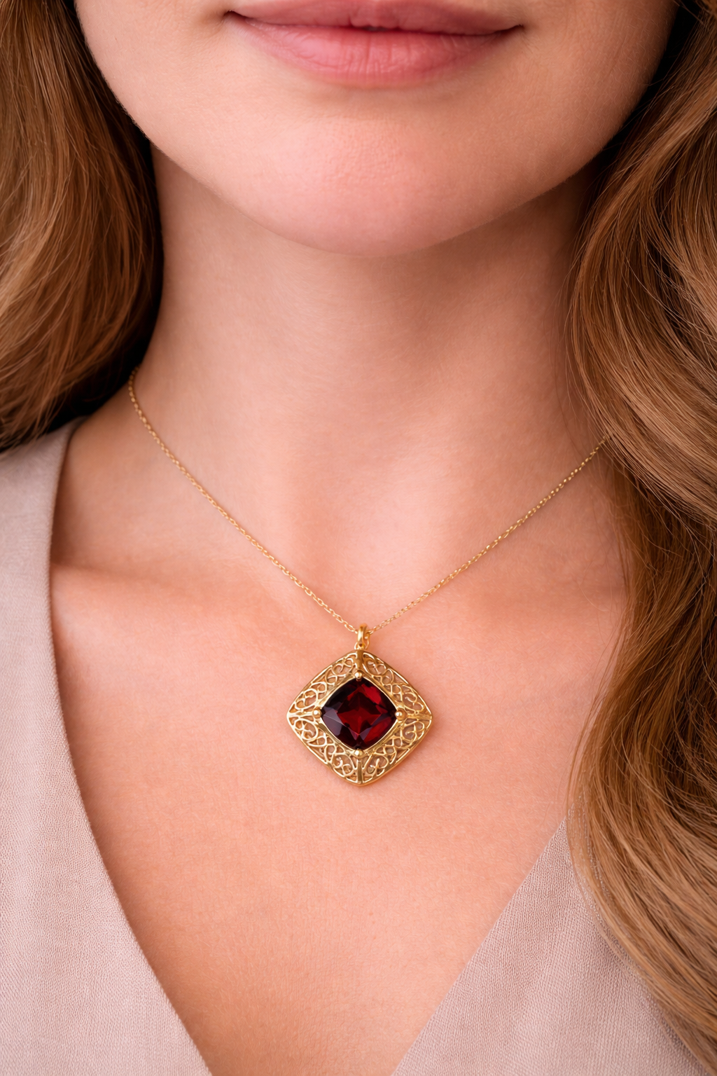 14K Yellow Gold Garnet Cushion Cut Pendant with Gold Filigree Frame