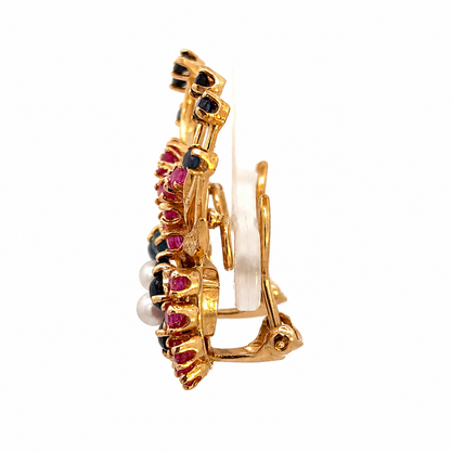 Vintage 14K Yellow Gold Ruby, Sapphire & Pearl Floral Clip-On Earrings