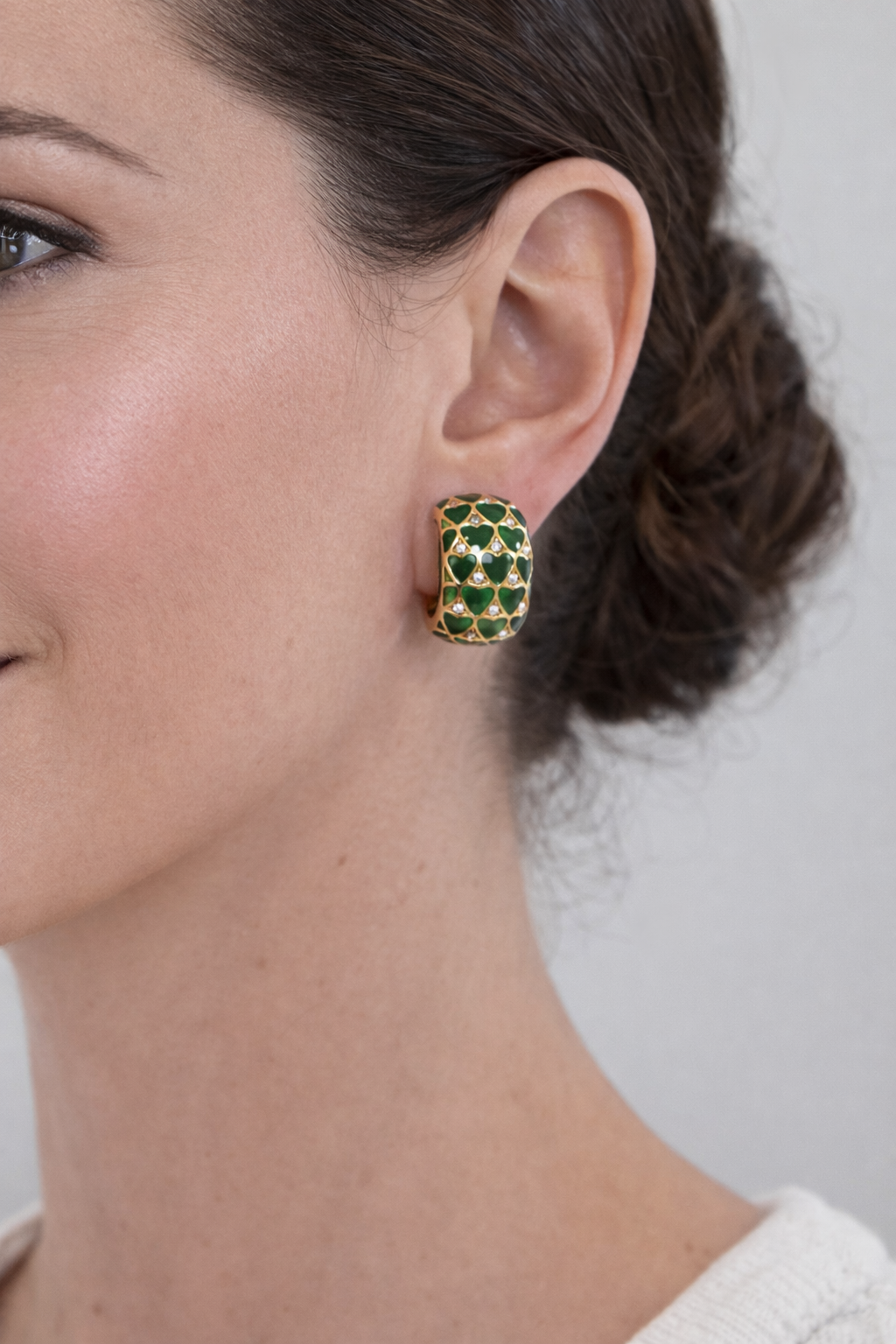 Vintage 1950s 18K Yellow Gold Translucent Green Enamel & Diamond Hoop Earrings