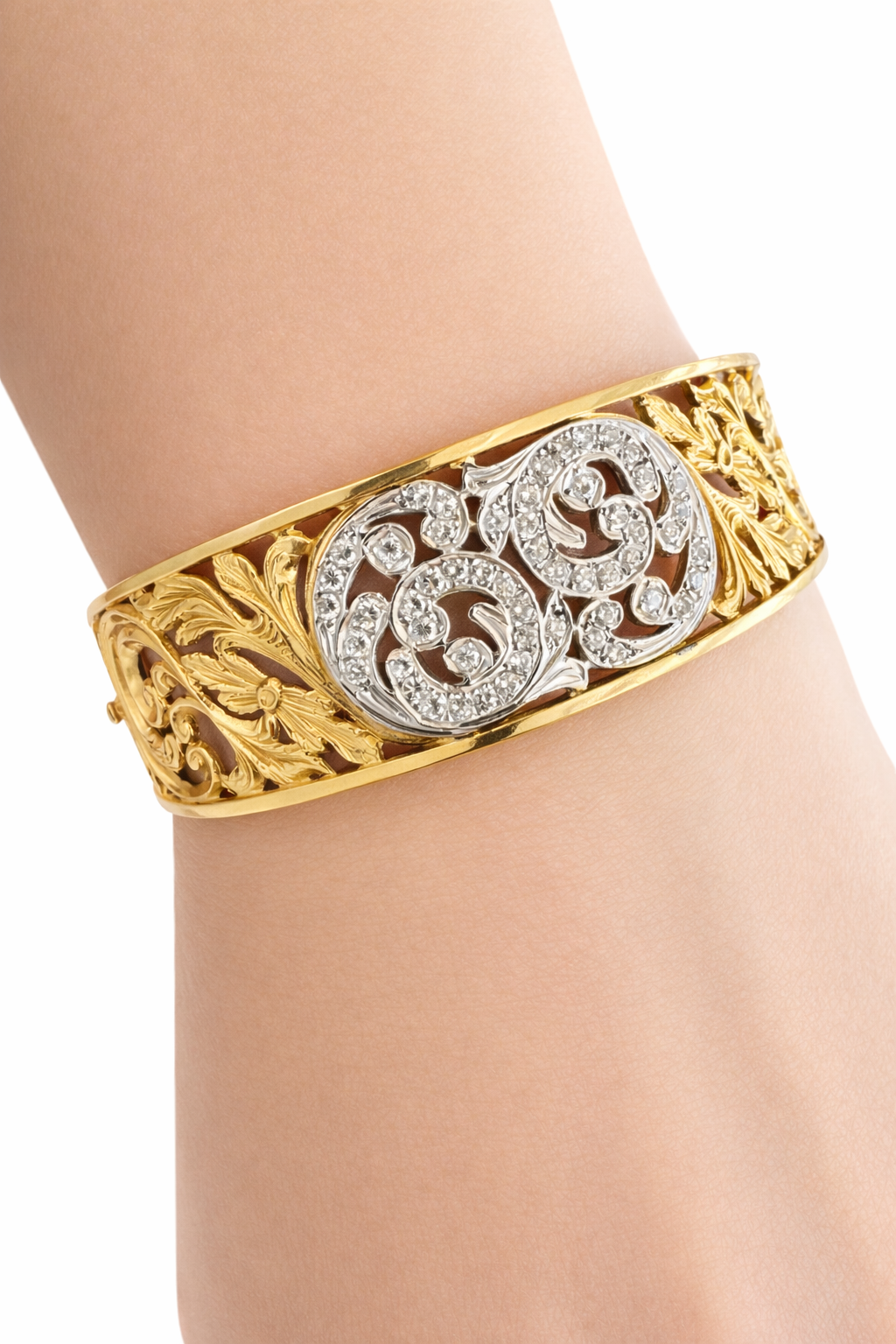 Luxury 18K Yellow & White Gold Diamond Scrollwork Bangle