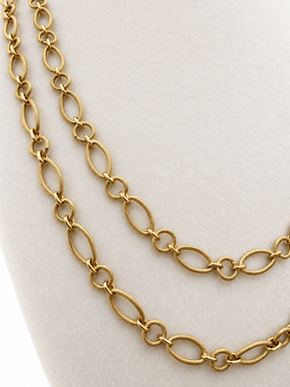 Vintage 1950s 18K Yellow Gold Textured Round & Oval Link Necklace — 40″ Long or Doubled