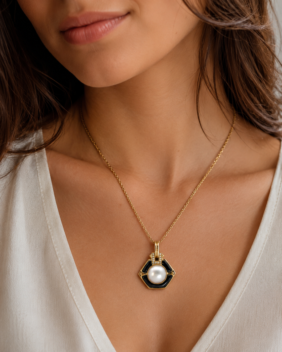 14K Yellow Gold Vintage Pearl, Onyx & Diamond Pendant